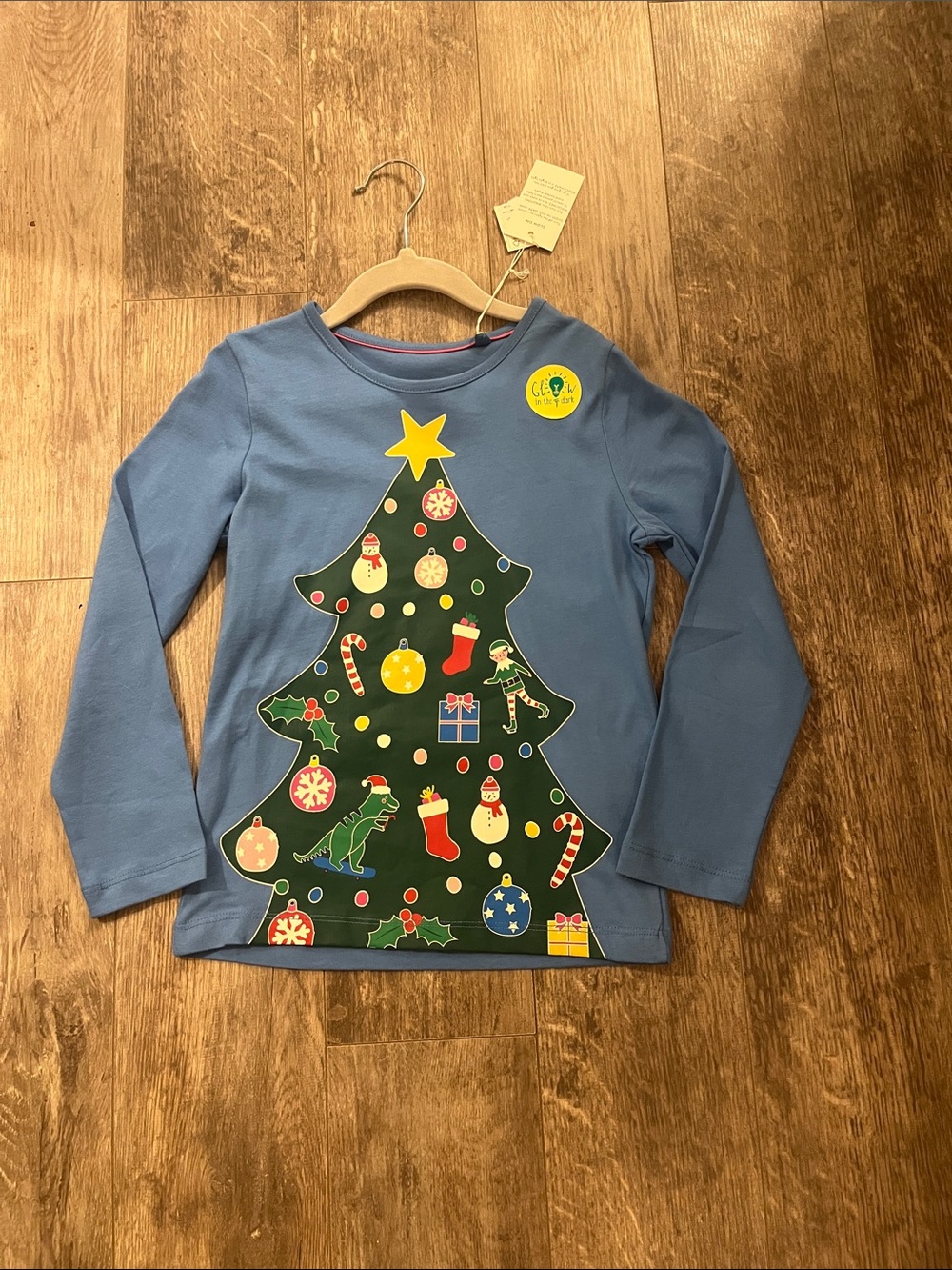 Mini Boden Blue Long-Sleeve Tee with Festive Christmas Tree